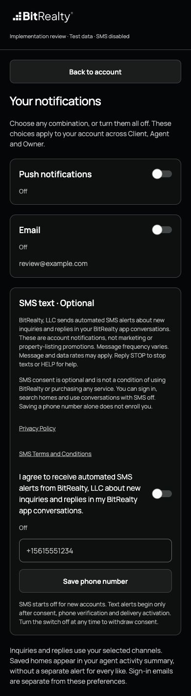 Actual updated notification settings: optional SMS disclosure and policy links appear before the consent switch, which is off.