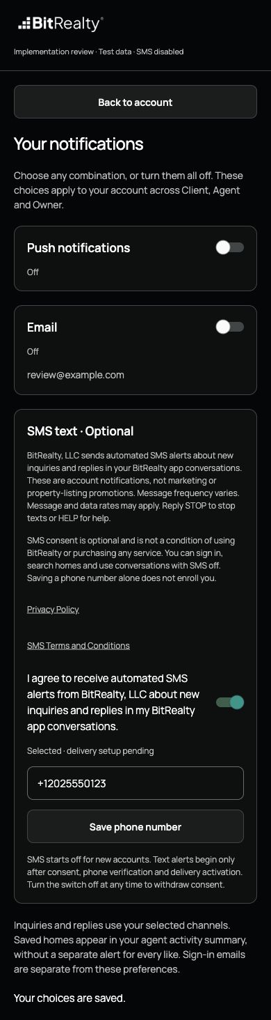 Actual updated notification settings after a separate voluntary SMS consent action: selected with delivery setup pending.