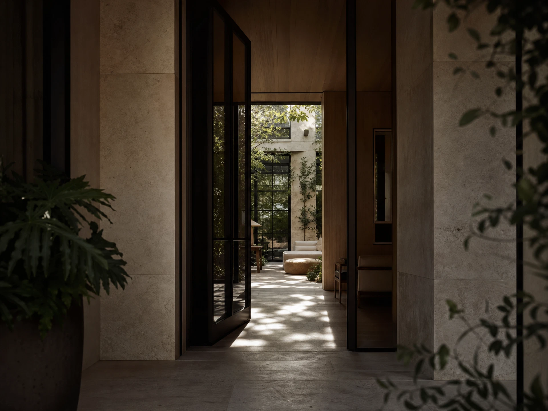 Contemporary Florida residence entry opening into a naturally lit interior