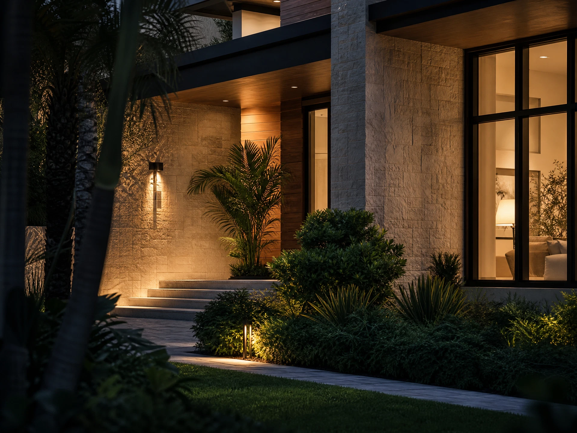 Prepared Florida residence entry at dusk with warm architectural lighting