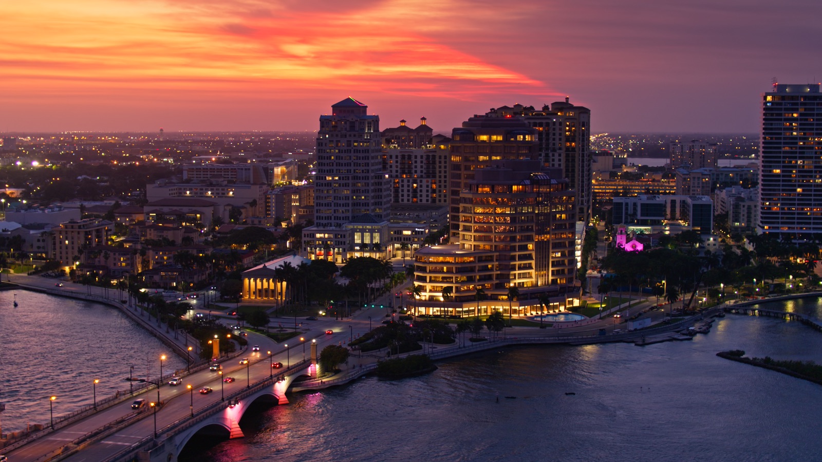 Downtown West Palm Beach and the Intracoastal Waterway at golden hour